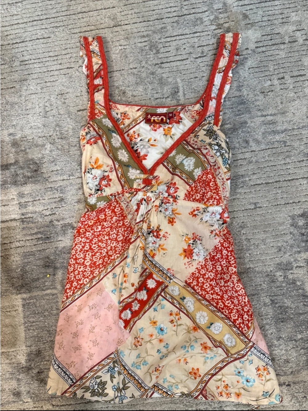 Boho Patchwork Babydoll Top in Cream & Rust